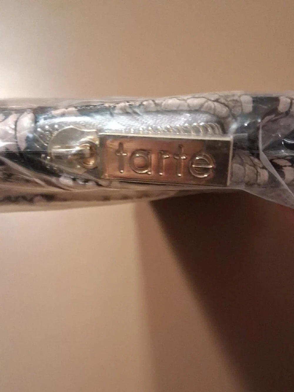 tarte Snake Print Makeup Pouch in Beige and Black with Gold Accent (Sealed-NIP)